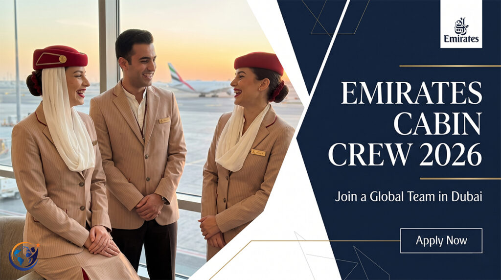 Professional recruitment banner for Emirates Cabin Crew 2026 in Dubai