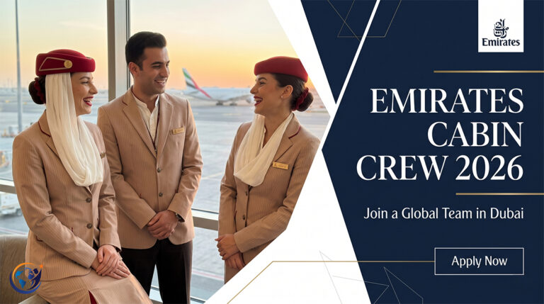 Professional recruitment banner for Emirates Cabin Crew 2026 in Dubai
