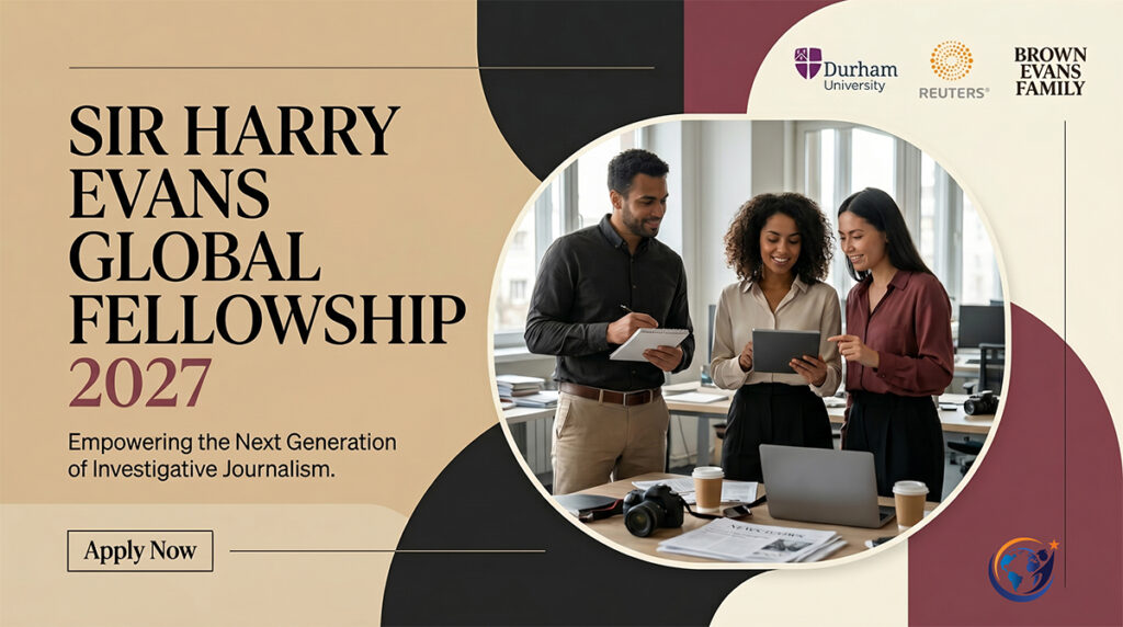 Sir Harry Evans Global Fellowship 2027 banner featuring diverse journalists.